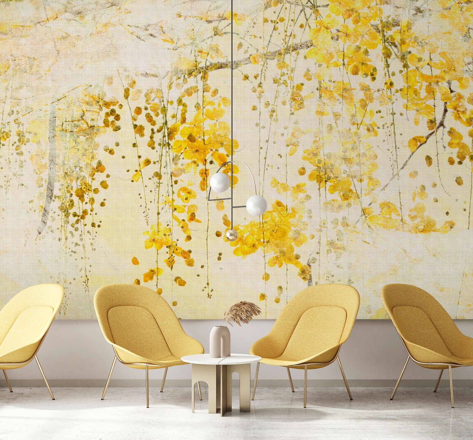             Photo wallpaper »taiyo« - Flower garland with linen structure in the background - Yellow | Smooth, slightly pearly shimmering non-woven fabric
        