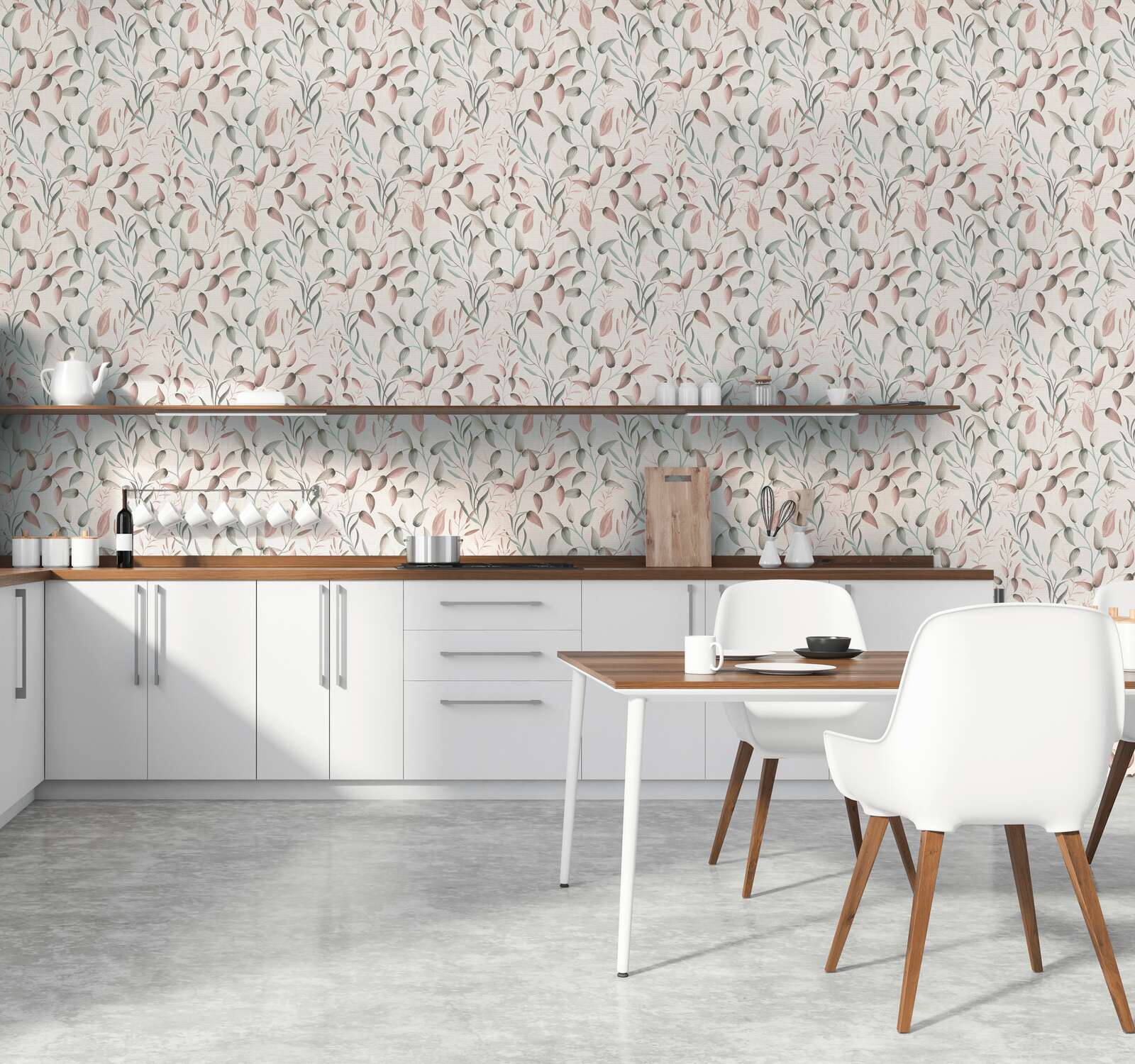             Non-woven wallpaper with soft floral tendrils - green, pink, cream
        