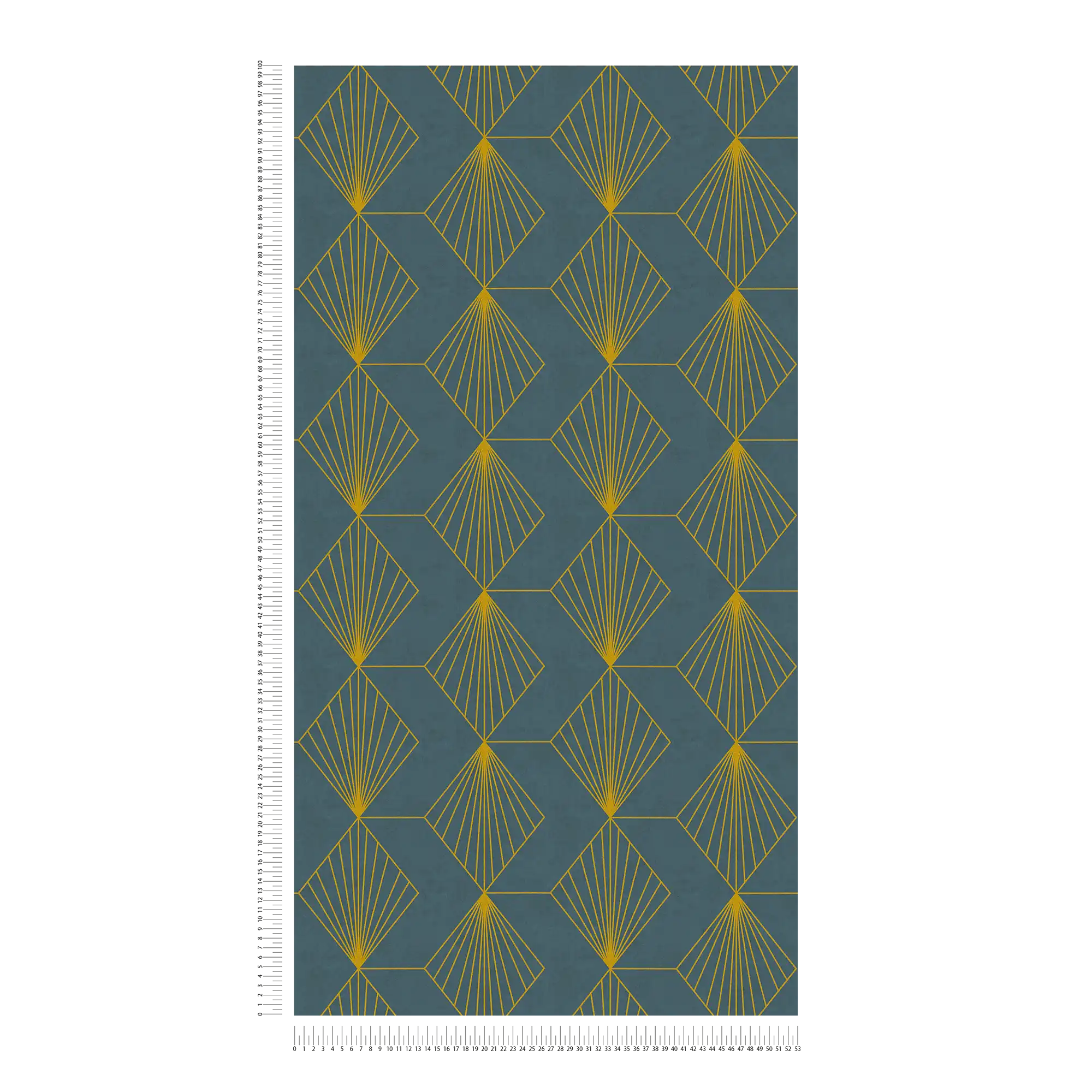             Design vliesbehang met grafisch patroon in Art Deco stijl - petrol, goud
        