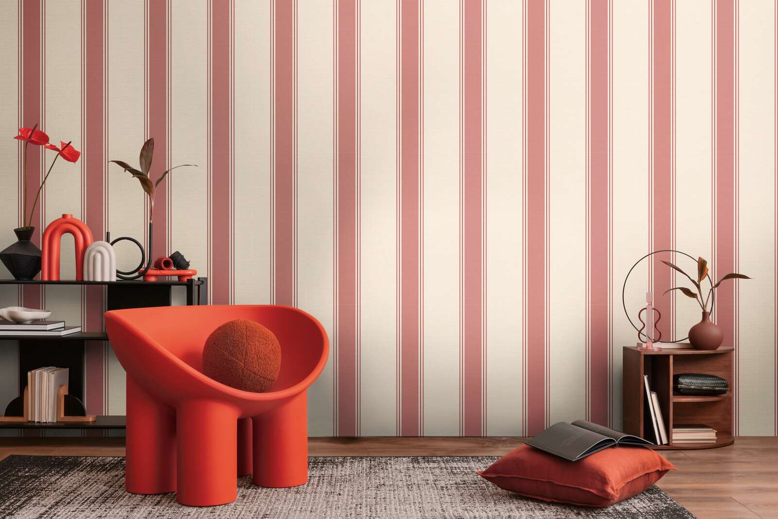             Classic striped wallpaper with a light texture - cream, red
        