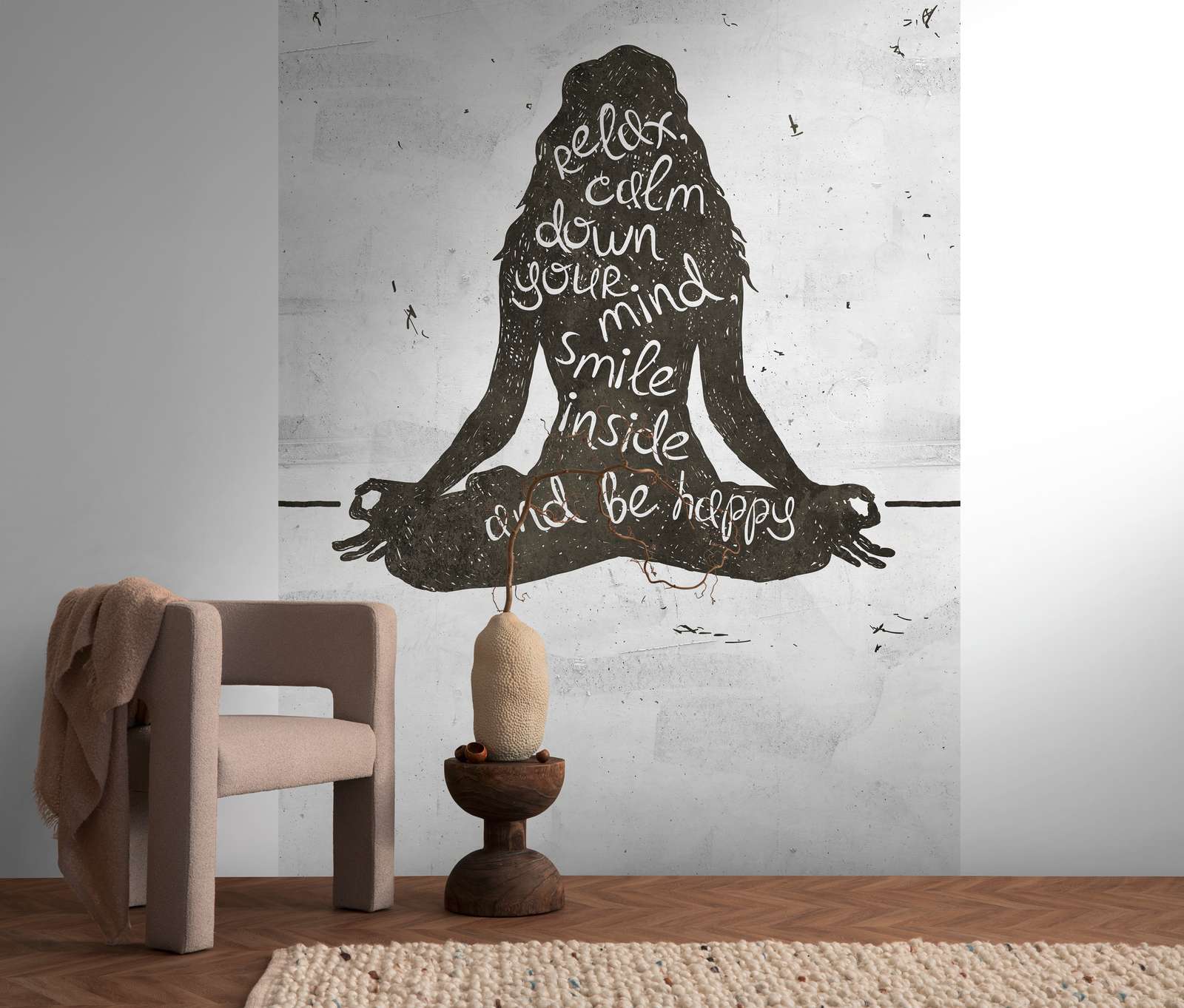             Papel pintado no tejido para meditación de yoga con texto tranquilizador e inspirador y una repetición de motivos a gran escala - blanco, negro
        