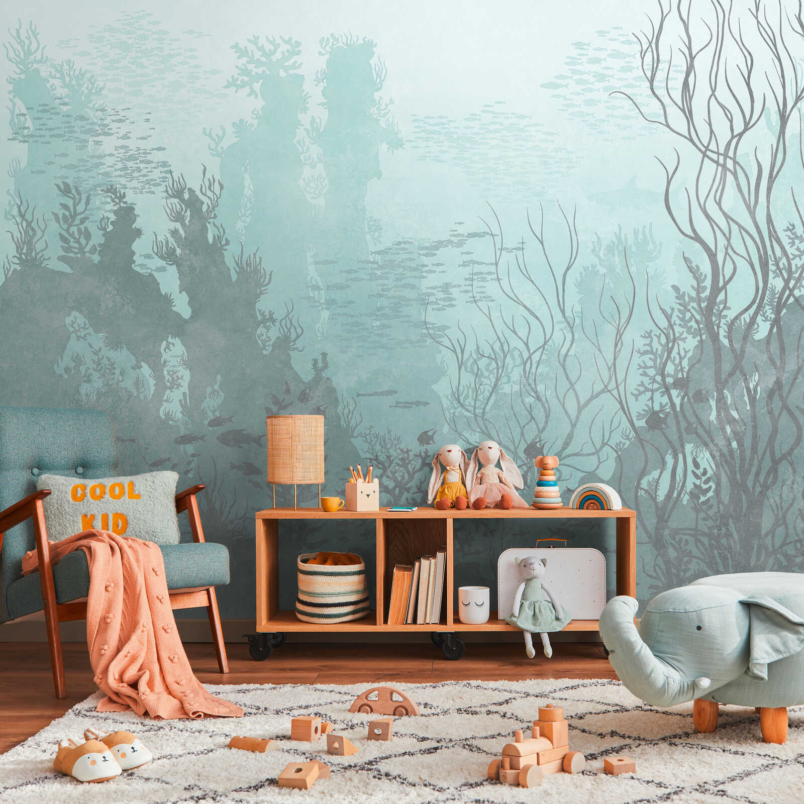             Mystical underwater photo wallpaper with sea animals and plants as non-woven wallpaper - blue, grey
        