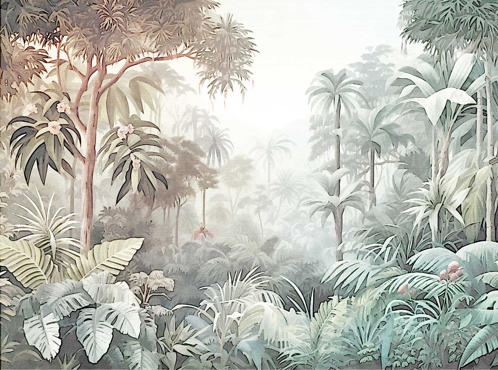             Tropical rainforest photo wallpaper with soft colour gradient as non-woven wallpaper - colourful, brown, blue
        