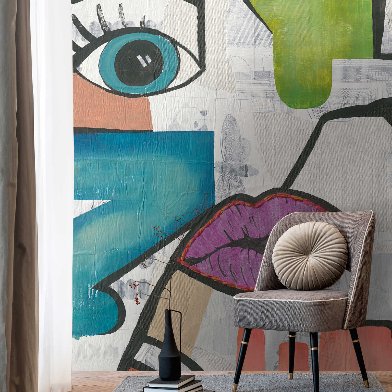             Modern vliesbehang met abstracte pop-artillustratie en een grootschalige patroonherhaling - kleurrijk, blauw, paars
        