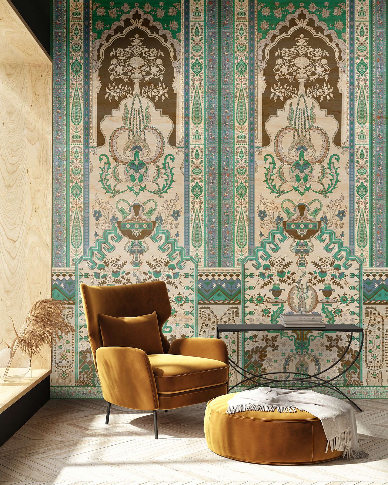             papier peint en papier panoramique »tara« - lambris ornemental avec structure en contreplaqué - vert, beige | Intissé mat et lisse
        