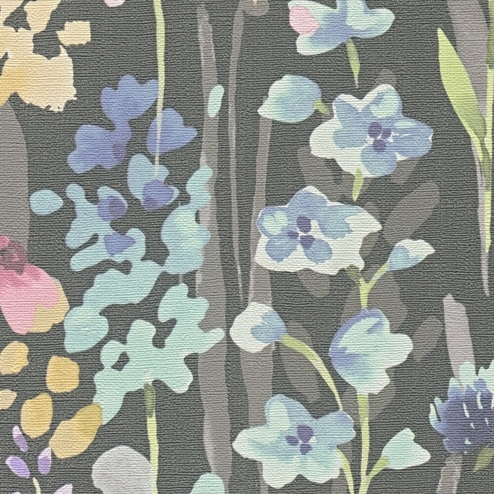             Non-woven wallpaper colourful flower meadow in watercolour look - colourful, black, pink
        