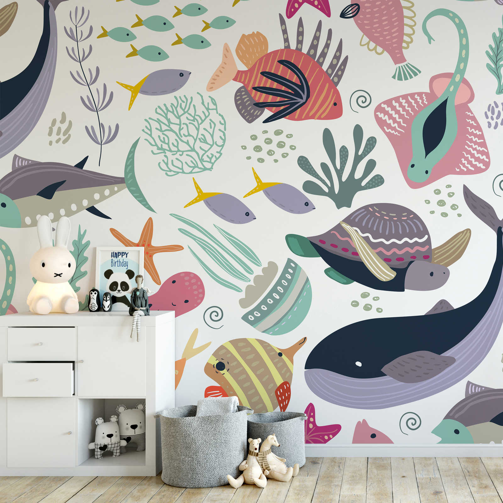 Mural para habitación infantil con animales submarinos - Material sin tejer liso y ligeramente brillante
