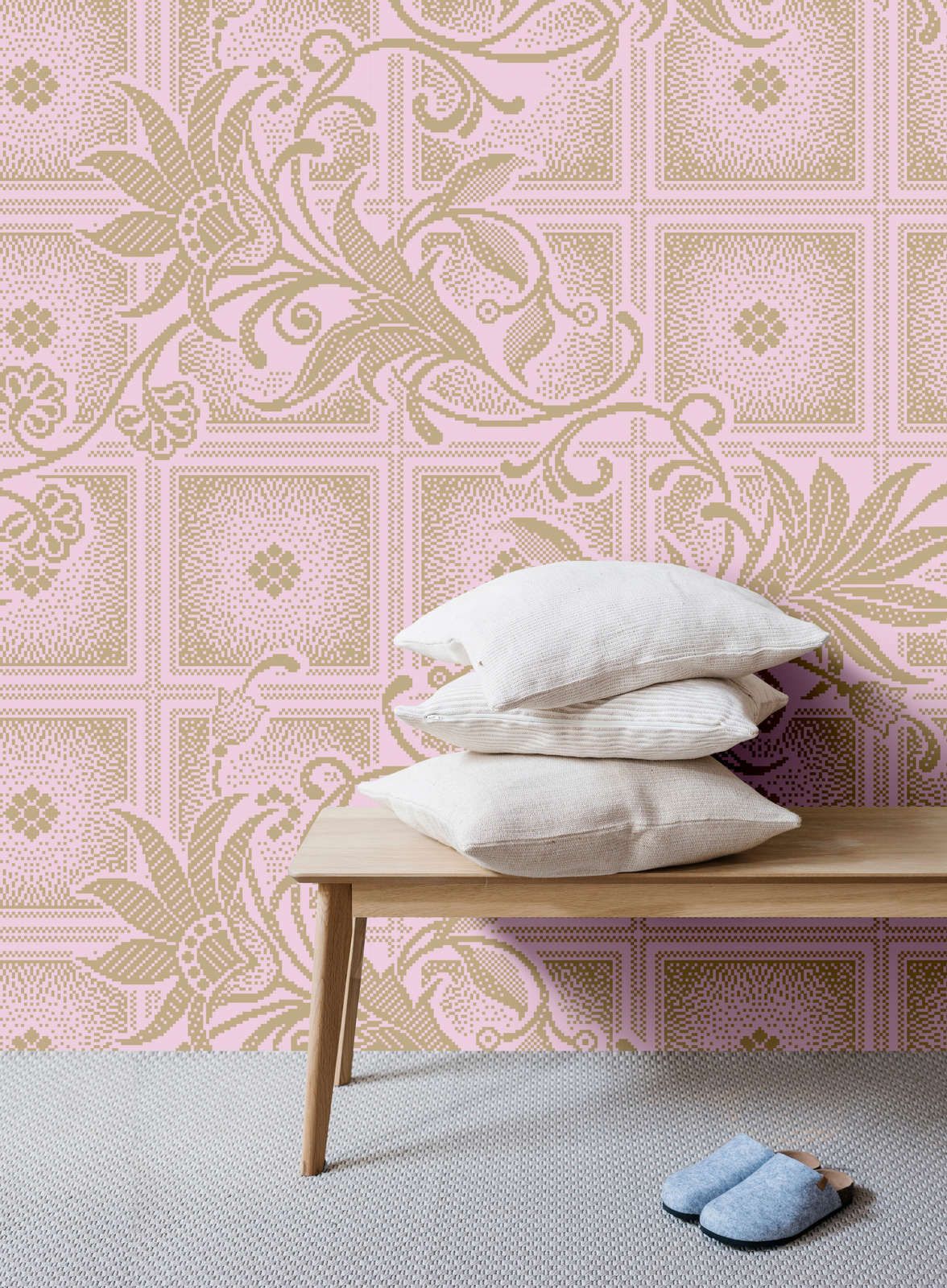             Photo wallpaper »vivian« - Pixel style squares with flowers - Pink | Smooth, slightly pearly shimmering non-woven fabric
        