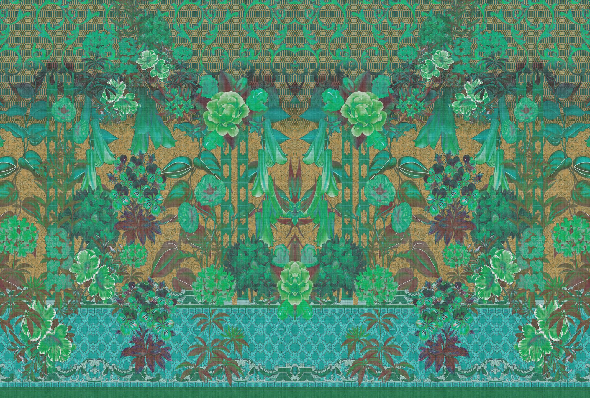             Fotomural »sati 2« - Diseño floral y ornamentos con aspecto de estructura de lino - Verde | Tela no tejida lisa, ligeramente nacarada y brillante
        
