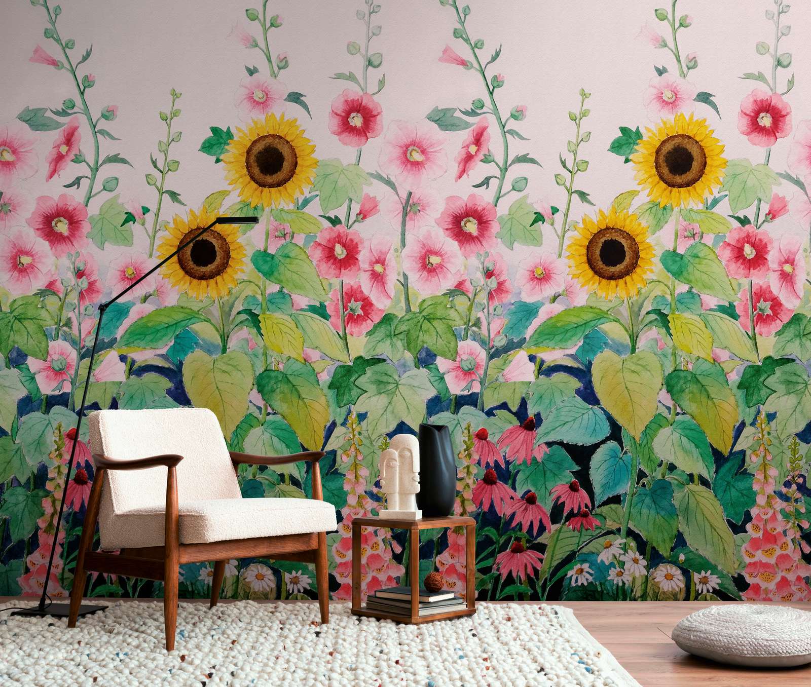             Papel pintado tejido-no tejido pradera de flores coloridas con girasoles y una repetición de motivos a gran escala - rosa, verde, amarillo
        