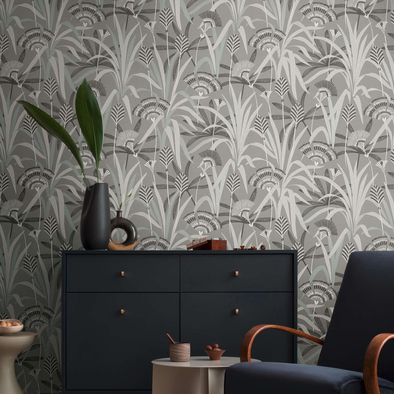             Non-woven wallpaper with flowers and grasses in a retro look - grey, blue, green
        