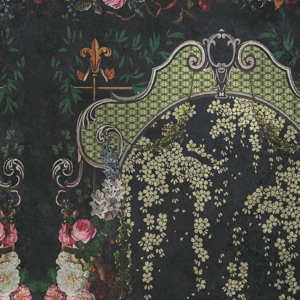             Digital behang »babette« - Sierlambrisering met bloemmotief op vintage pleisterstructuur - rood, donkerblauw | Licht structuurvlies
        