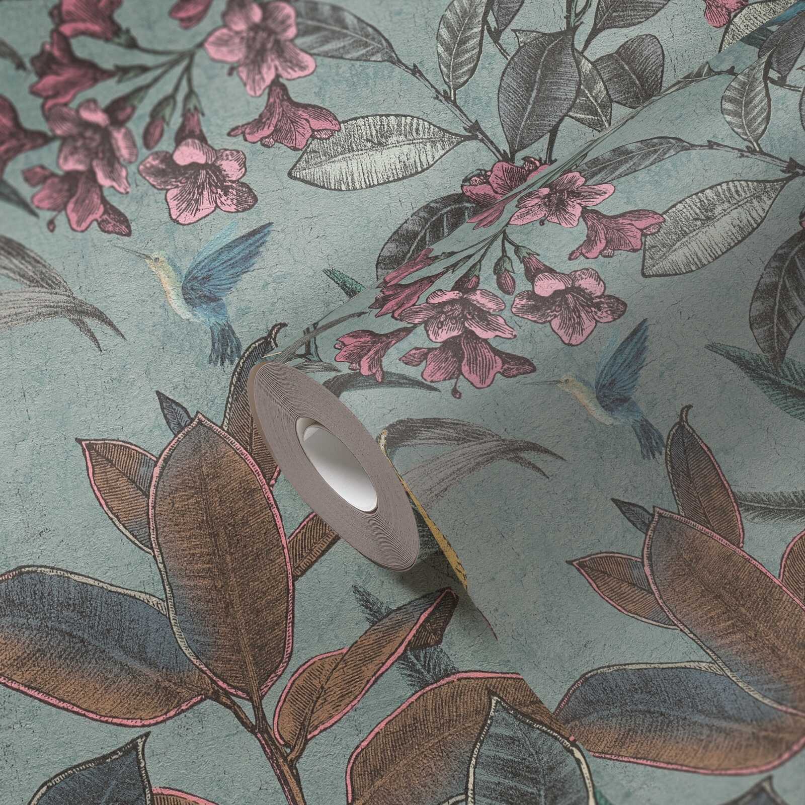             Non-woven wallpaper jungle with parrot in vintage design - green, blue, pink
        