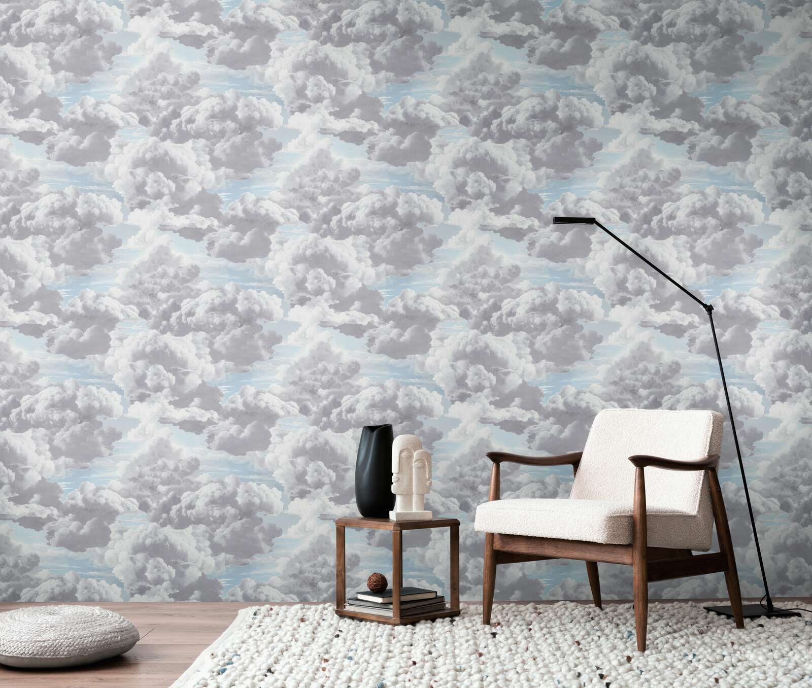             Cloud pattern in oil painting look as non-woven wallpaper - grey, blue, white
        