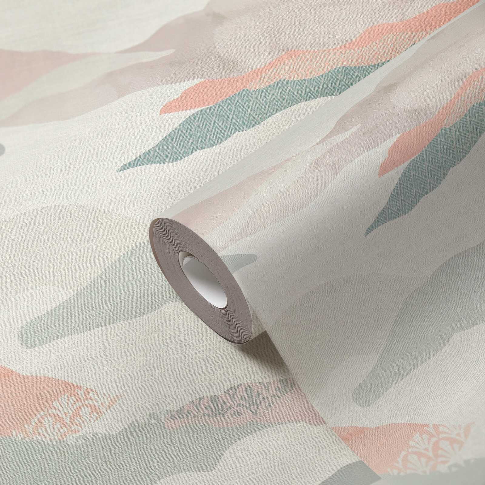             Non-woven wallpaper with graphic landscape motif - pink, blue, white
        