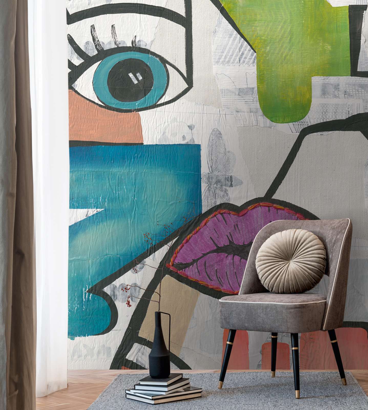             Modern vliesbehang met abstracte pop-artillustratie en een grootschalige patroonherhaling - kleurrijk, blauw, paars
        