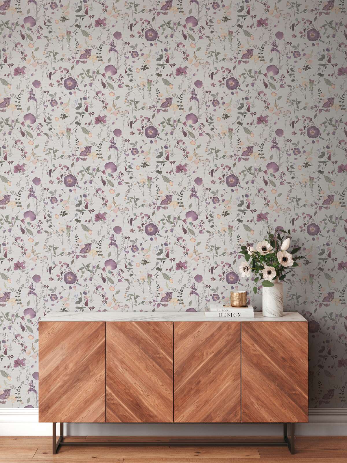             Papel pintado no tejido con motivo de ramo de flores en estilo rústico - violeta, verde, amarillo
        