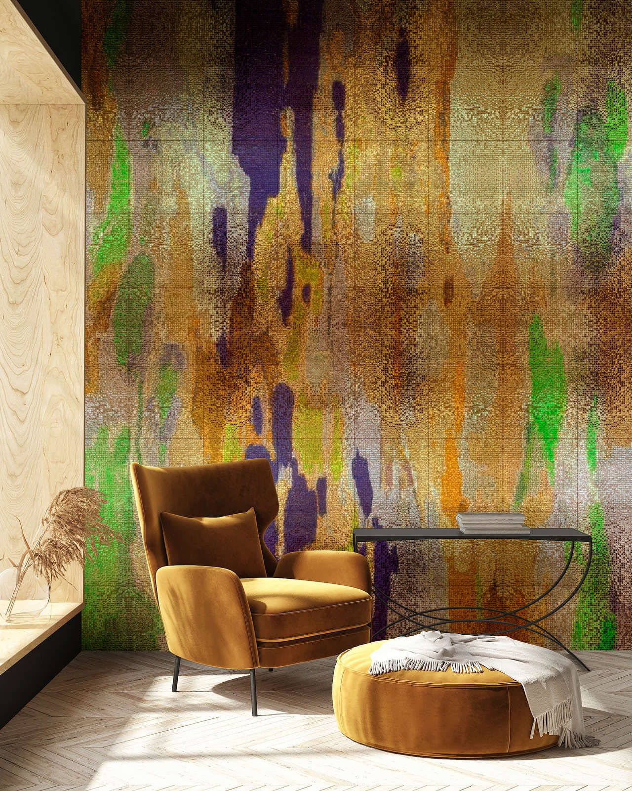             Photo wallpaper »marielle 1« - Colour gradients purple, gold, green with mosaic structure - Smooth, slightly pearly shimmering non-woven fabric
        