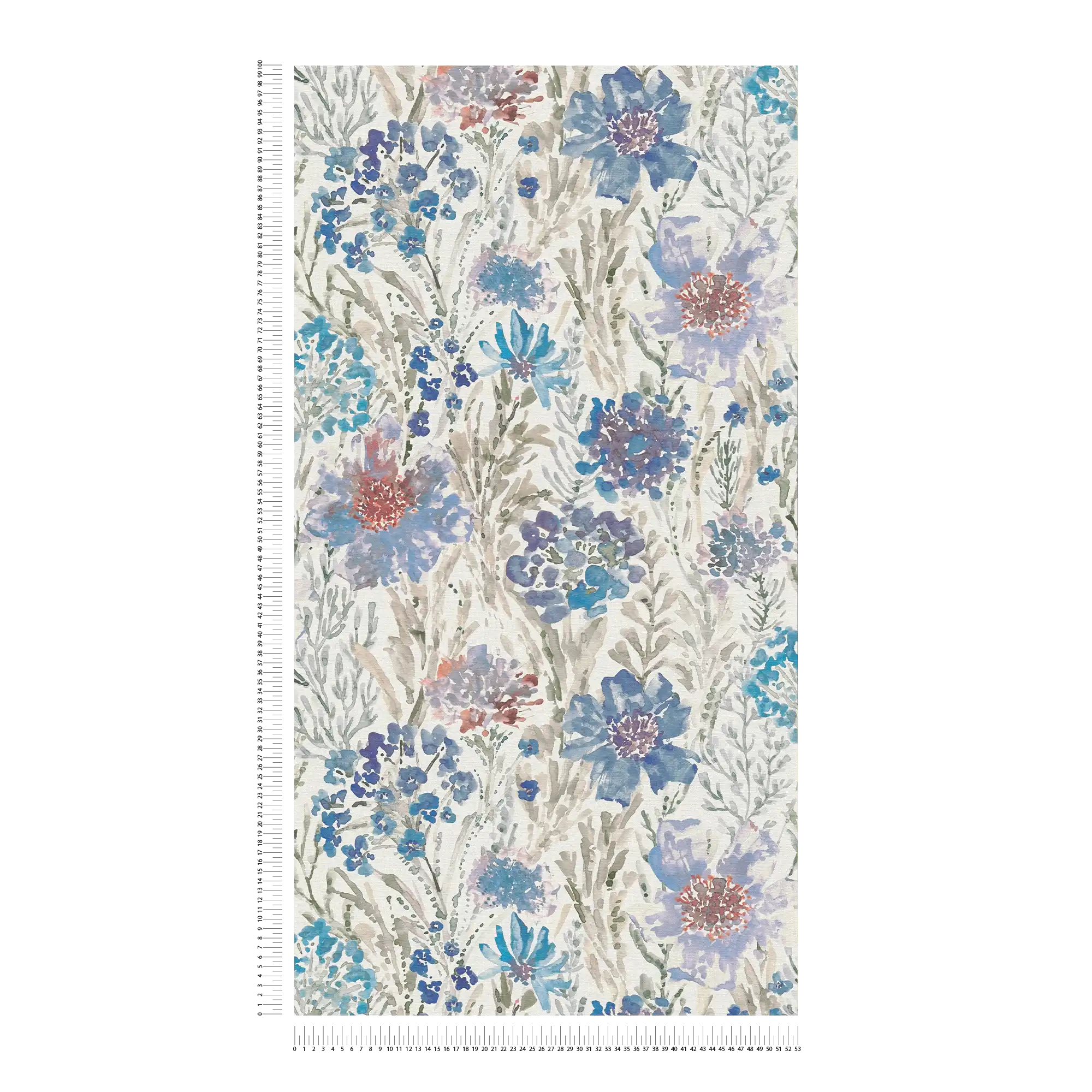             Fleurs et prairie fleurie papier peint intissé style aquarelle - bleu, blanc, gris
        