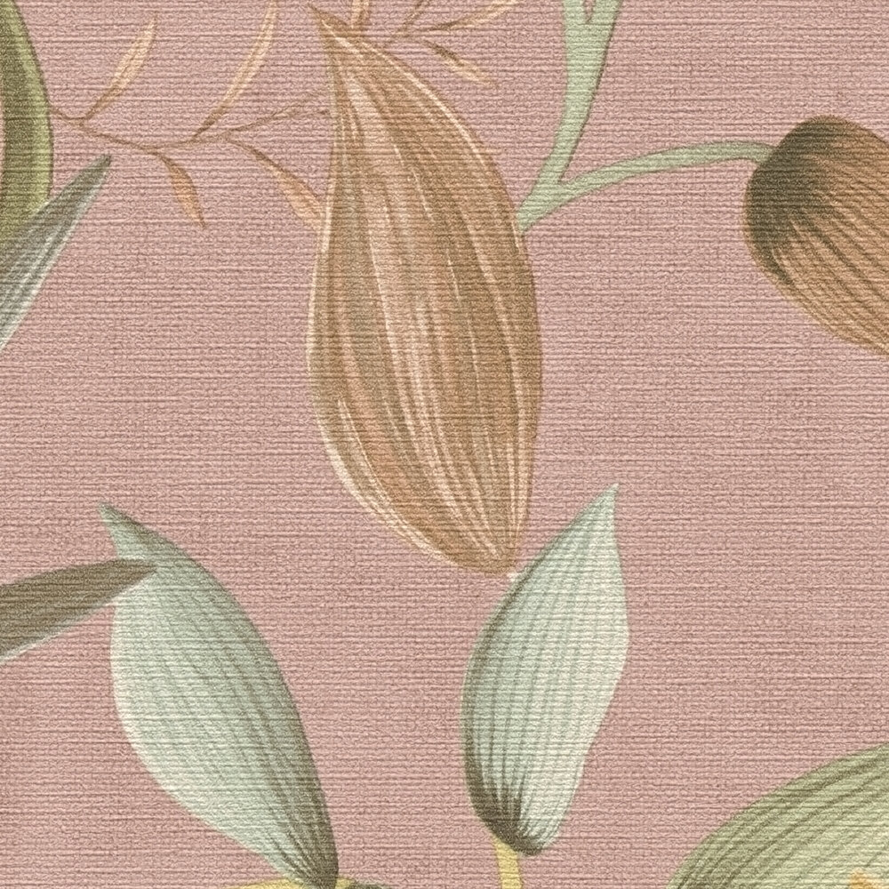             Non-woven wallpaper with soft floral tendrils - pink, green, red
        