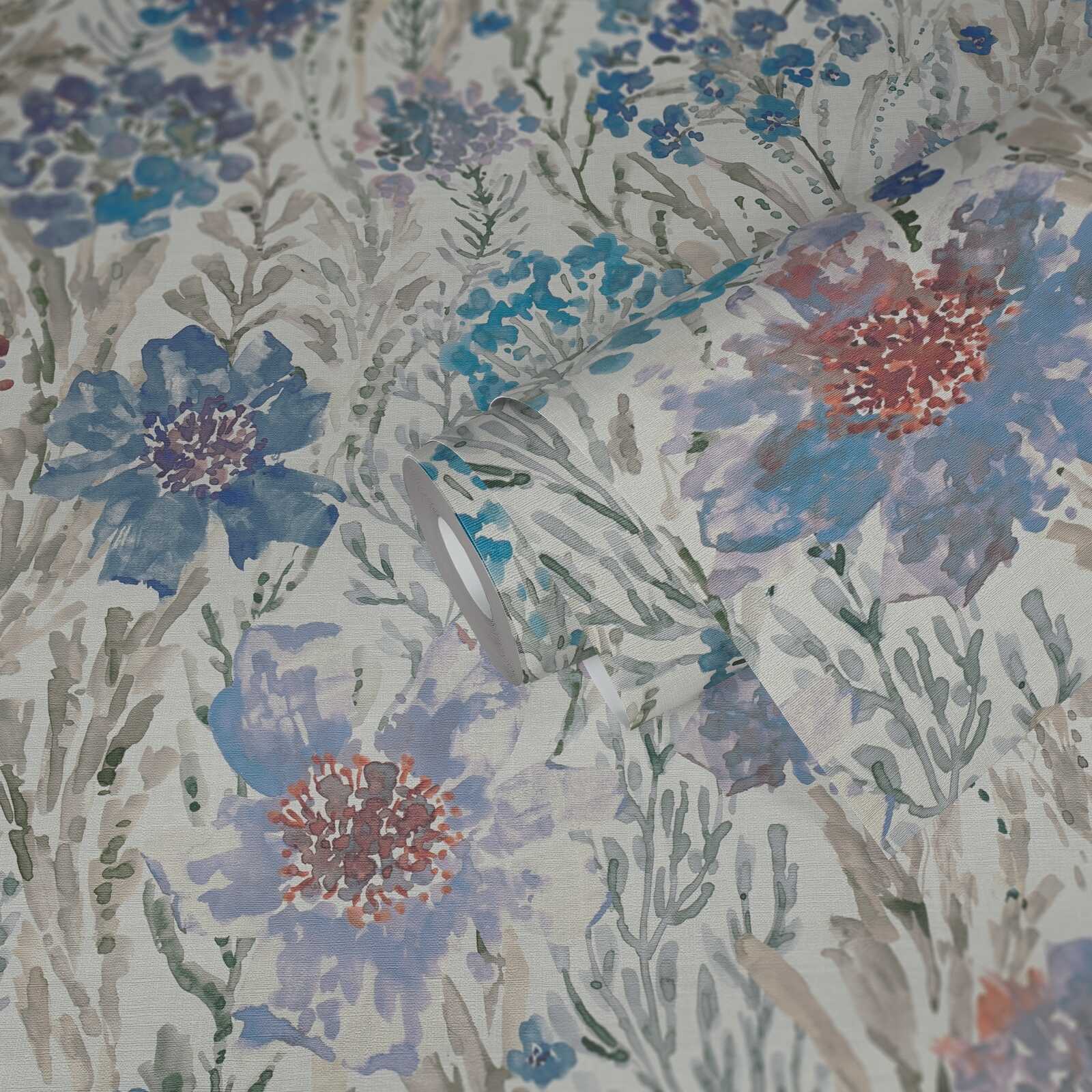             Flower and blossom meadow non-woven wallpaper in watercolour style - blue, white, grey
        