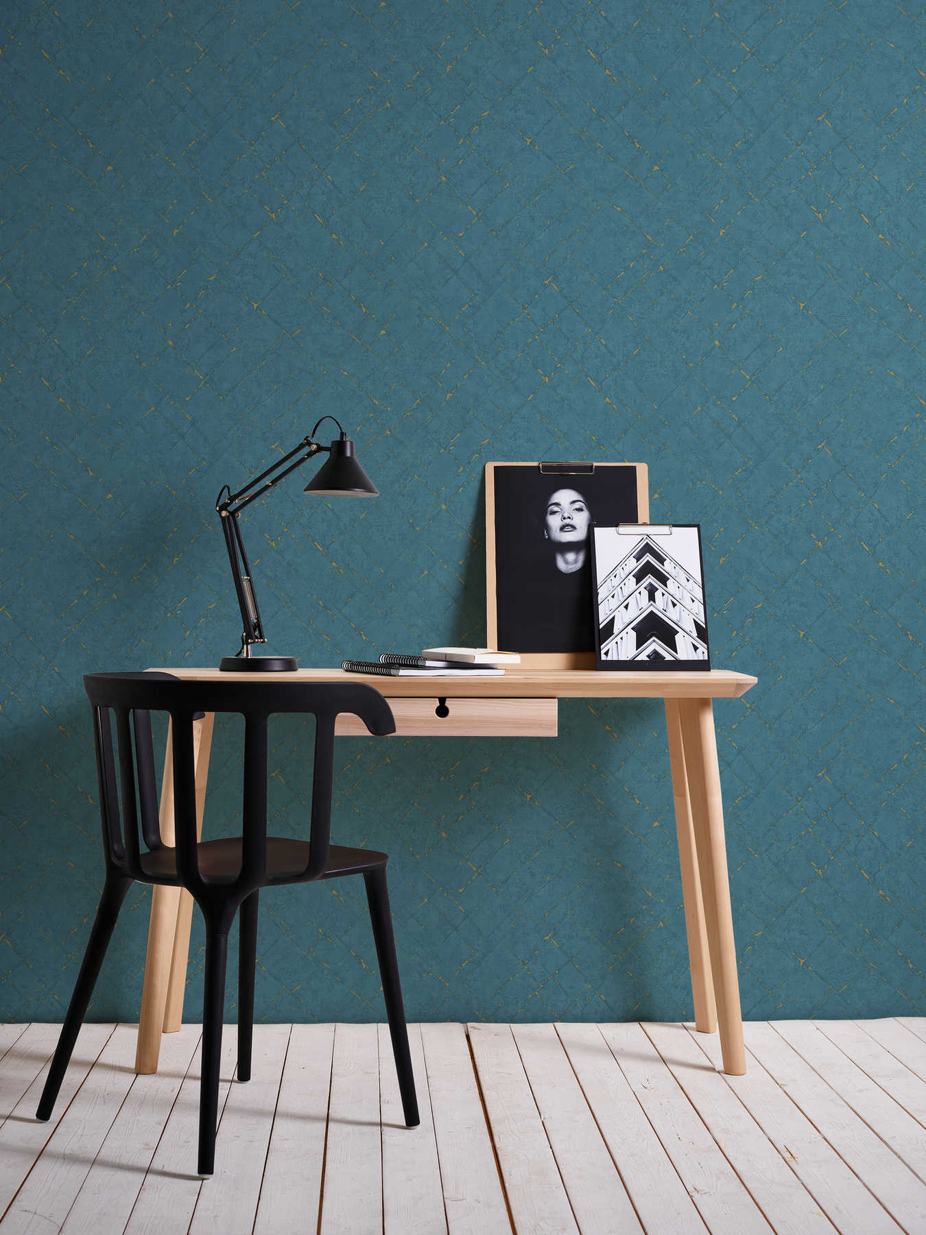             Petrol wallpaper plaster look & metallic effect - blue, gold
        