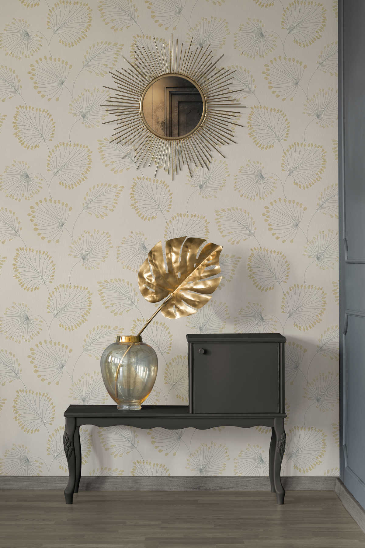             Modern non-woven wallpaper with leaves design & gold effect - beige
        