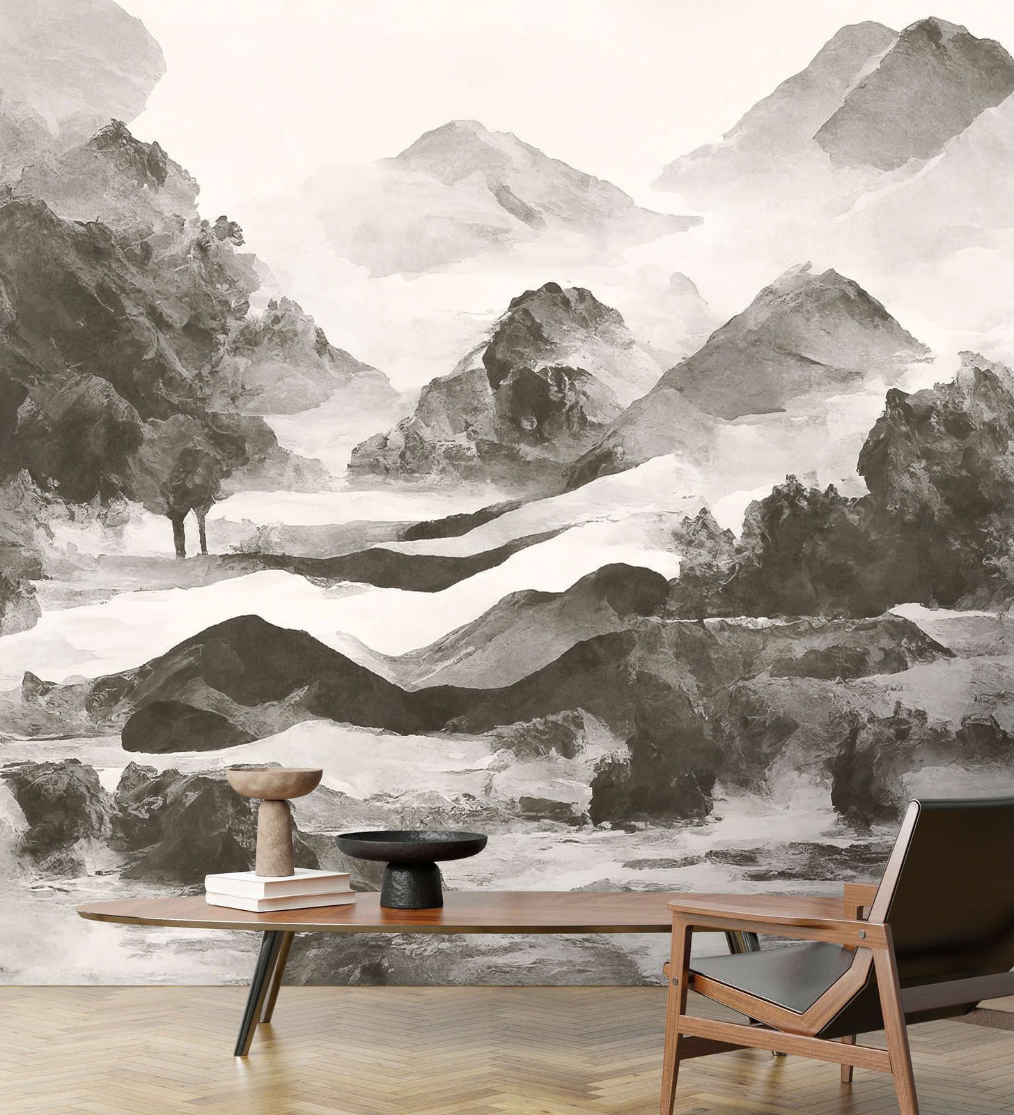             Photo wallpaper »tinterra 1« - Landscape with mountains & fog - Grey | Smooth, slightly pearly shimmering non-woven fabric
        
