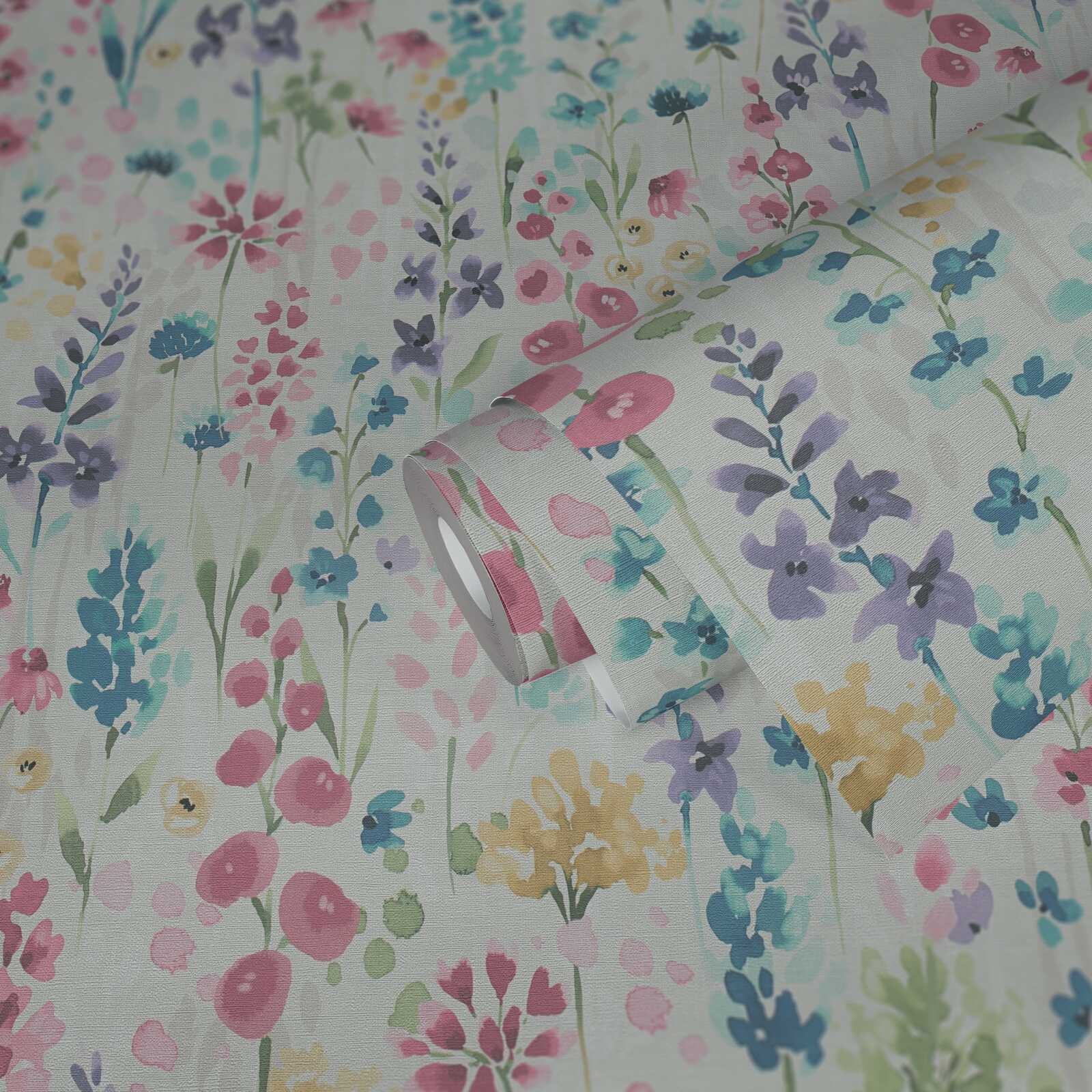             Colourful flower meadow wallpaper in watercolour design - colourful, white, pink
        