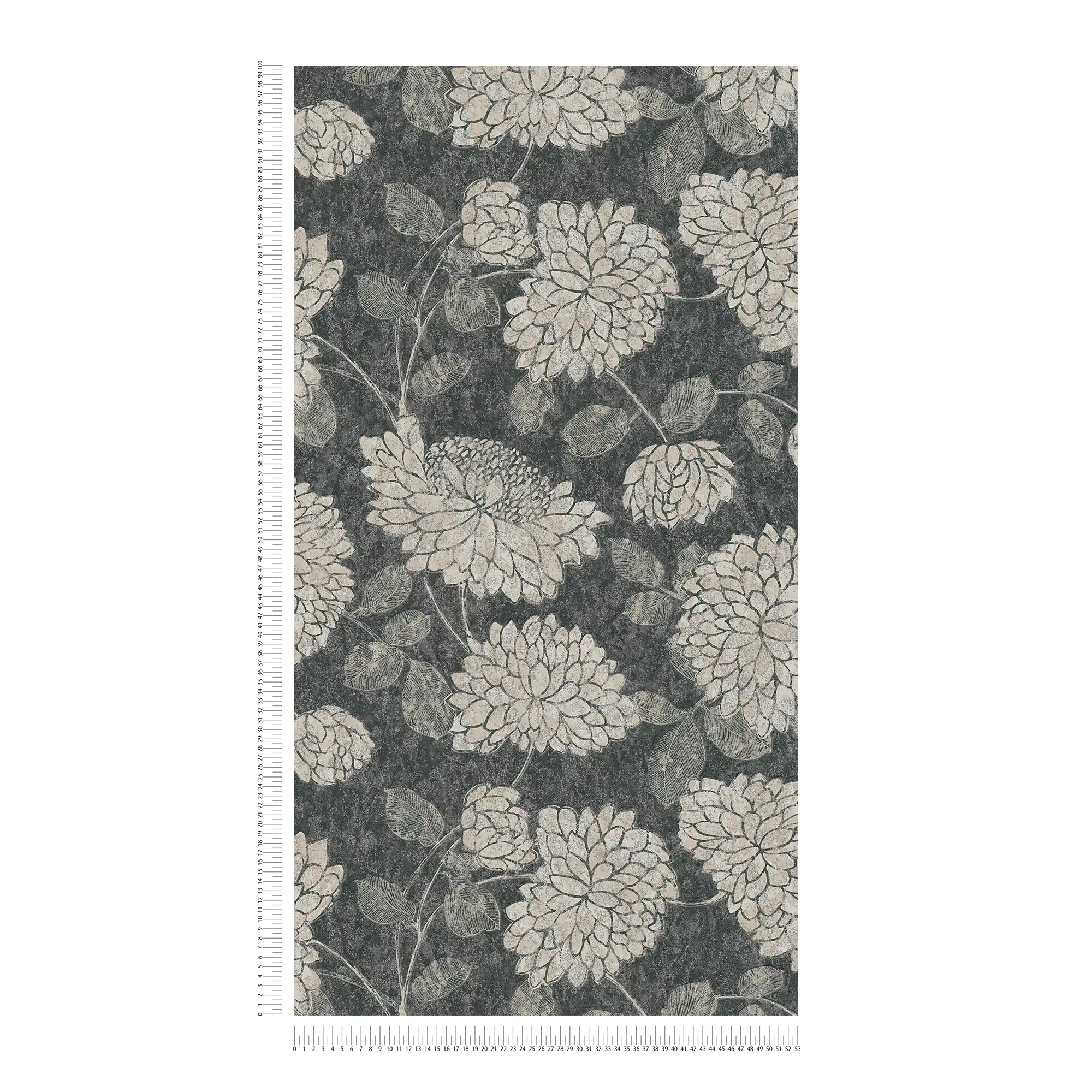             Papier peint à motifs avec fleurs légèrement brillantes - noir, blanc, argenté
        