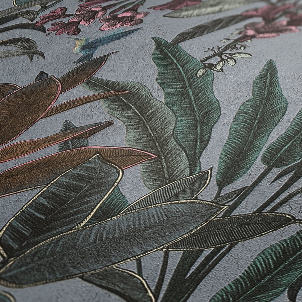             Non-woven wallpaper jungle with cockatoo in vintage look - grey, blue, green
        