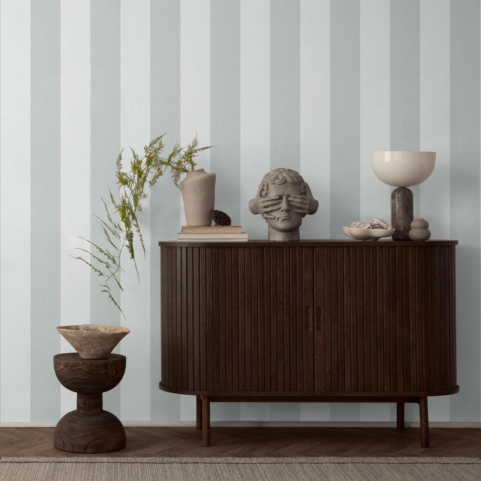             Non-woven wallpaper with texture in block stripe look - white, grey
        