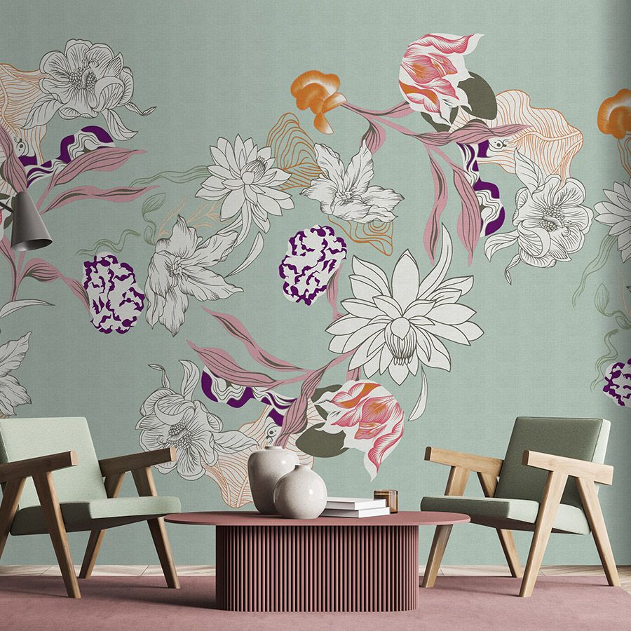 Papel pintado mural »botany 1« - Motivos florales abstractos con toques naranjas sobre una sutil textura de lino - Material sin tejer liso y ligeramente nacarado

