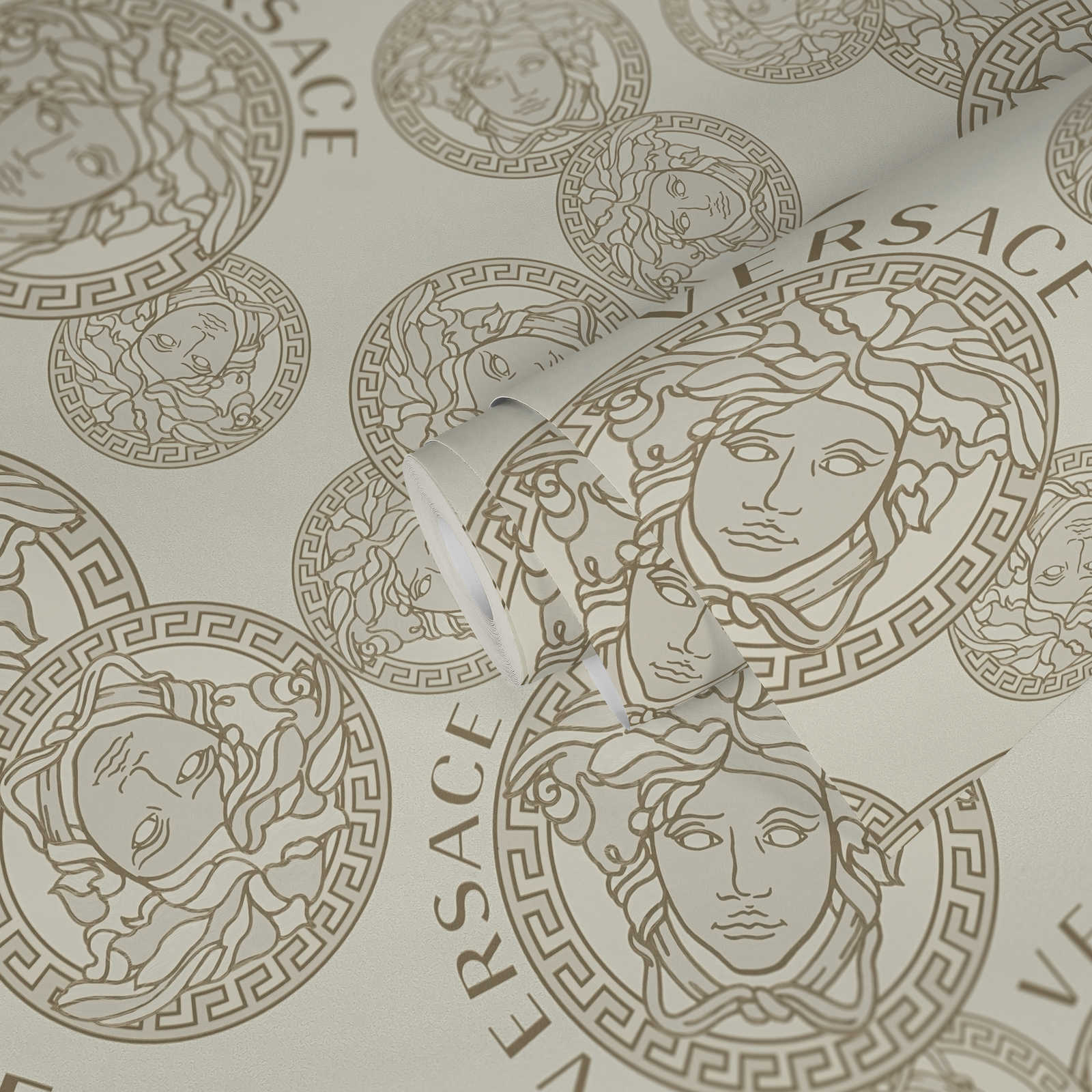             Non-woven wallpaper VERSACE with Medusa logo - grey, metallic
        