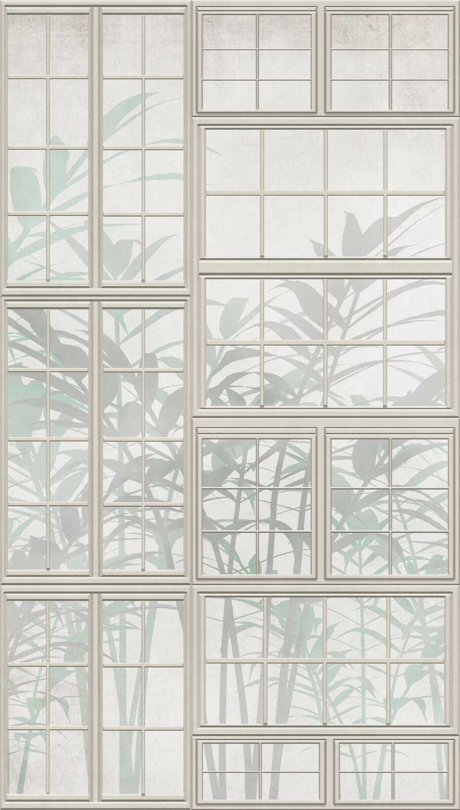             Papel pintado tejido-no tejido 3D frente a ventana de loft con sutil silueta vegetal y repetición de motivos a gran escala - crema, beige, verde
        