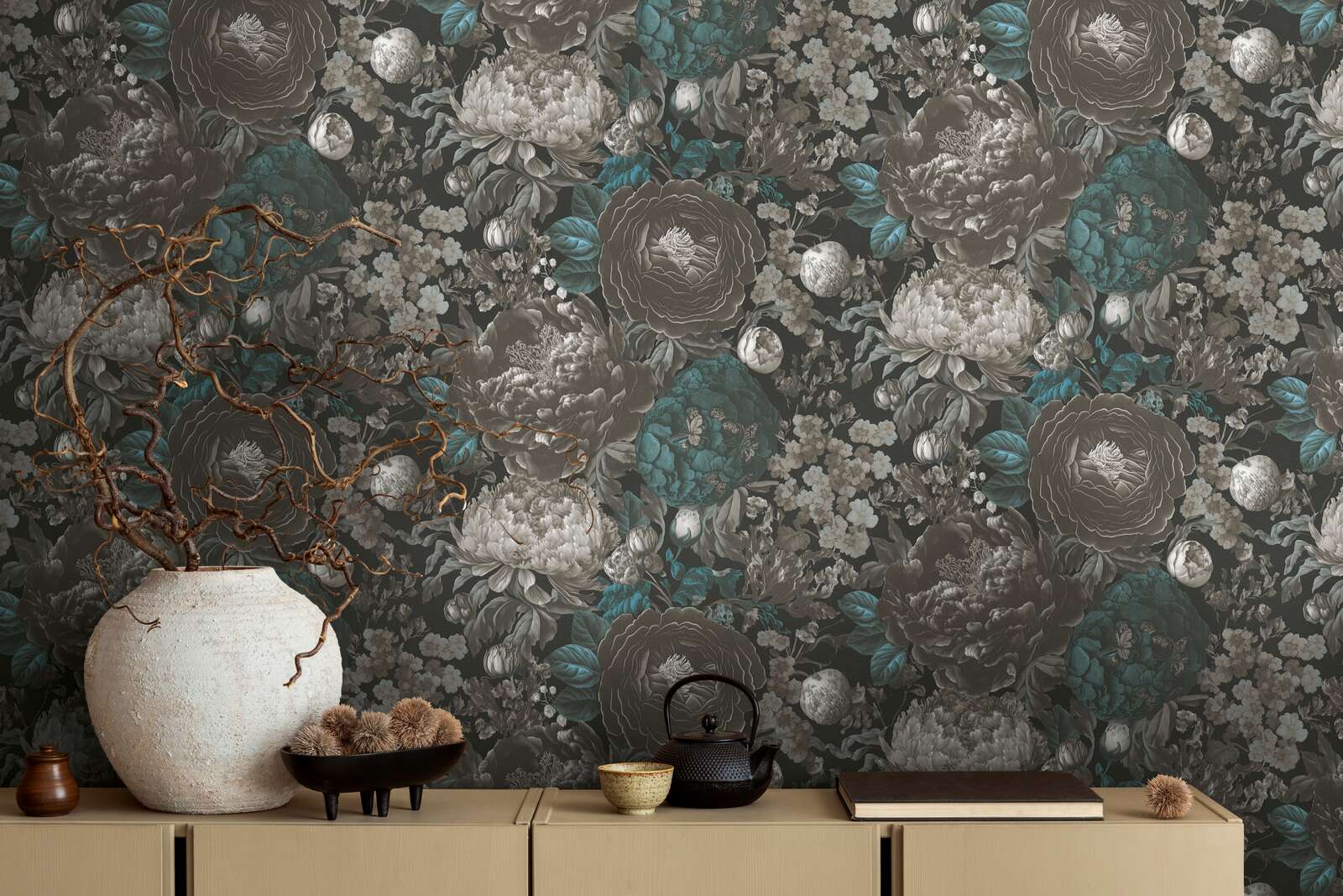             Vintage floral splendour non-woven wallpaper in grey - black, grey, blue
        