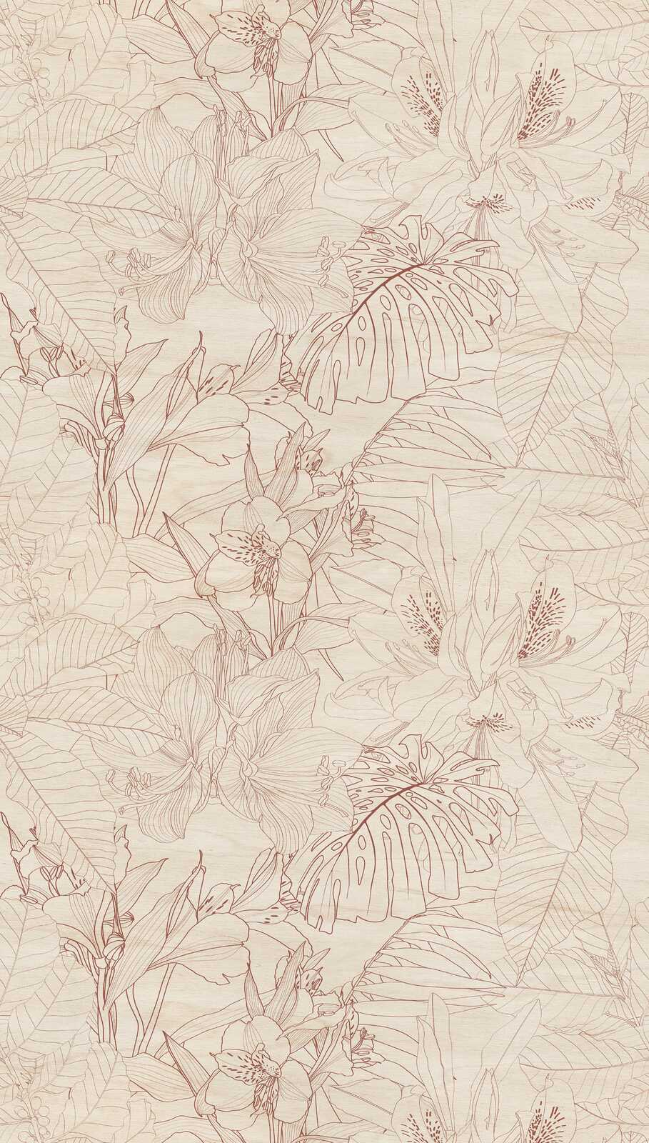             Subtle jungle non-woven wallpaper with sketched flowers and palm leaves and a large-scale pattern repetition - beige, cream, brown
        