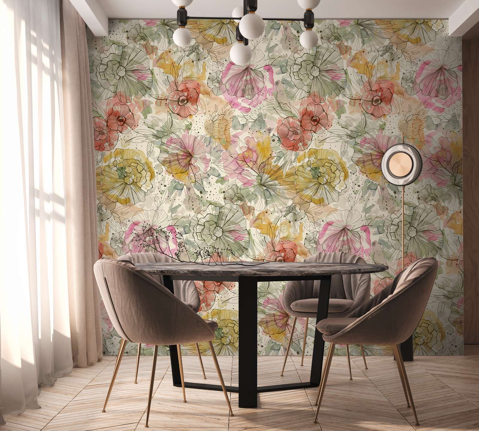             Papel pintado motivo en diseño XXL con flores y capullos en estilo acuarela - beige, naranja, rosa
        