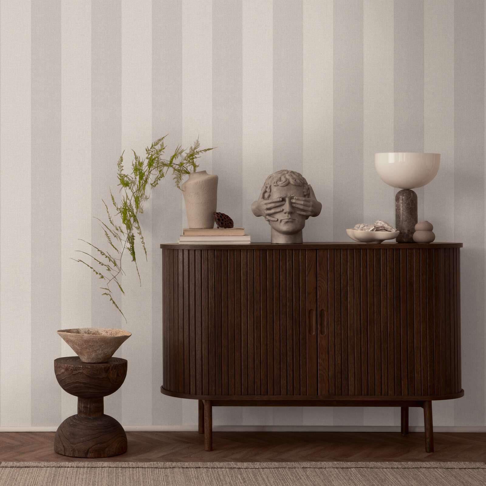             Non-woven wallpaper with textured block stripe look - beige, cream, grey
        