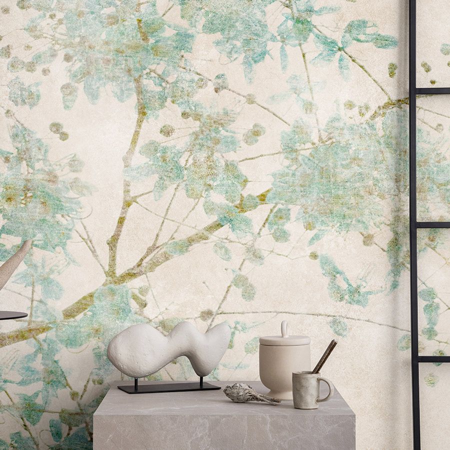 papier peint en papier panoramique »nikko« - branches en couleurs pâles avec structure d'enduit vintage en arrière-plan - intissé légèrement structuré
