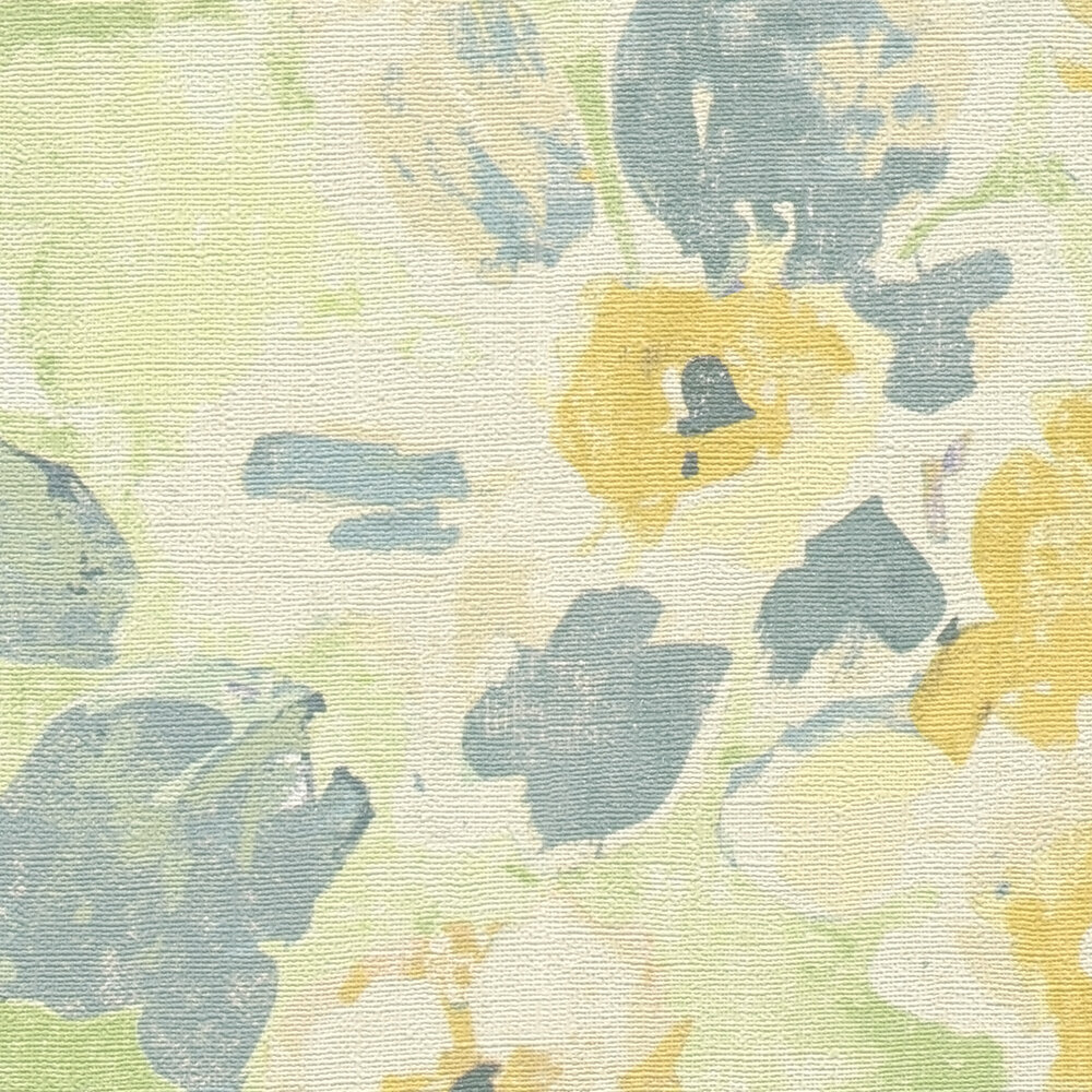             Non-woven floral wallpaper in watercolour and vintage design - colourful, green, yellow
        