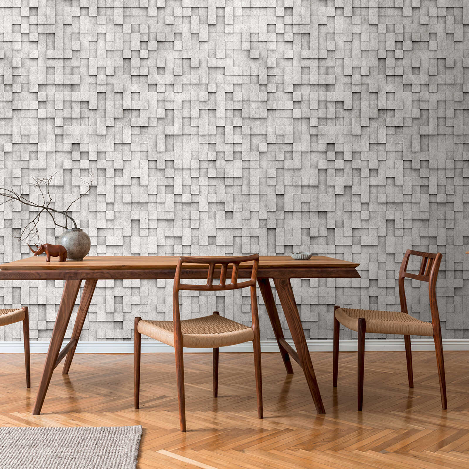 Graphic 3D non-woven wallpaper with concrete mosaics and a large-scale pattern repetition - grey
