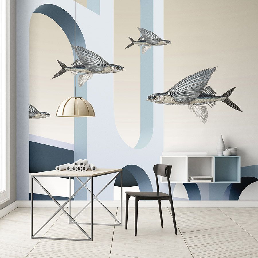 styx - papier peint en papier panoramique avec architecture abstraite 3D et poissons volants - intissé légèrement structuré

