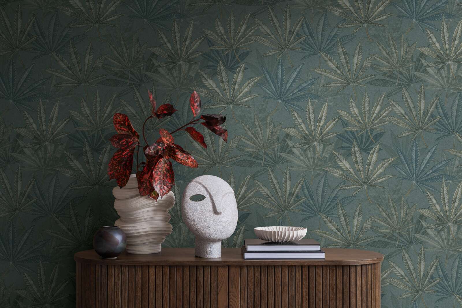             Non-woven wallpaper with palm leaves in a patterned look - grey, green, blue
        