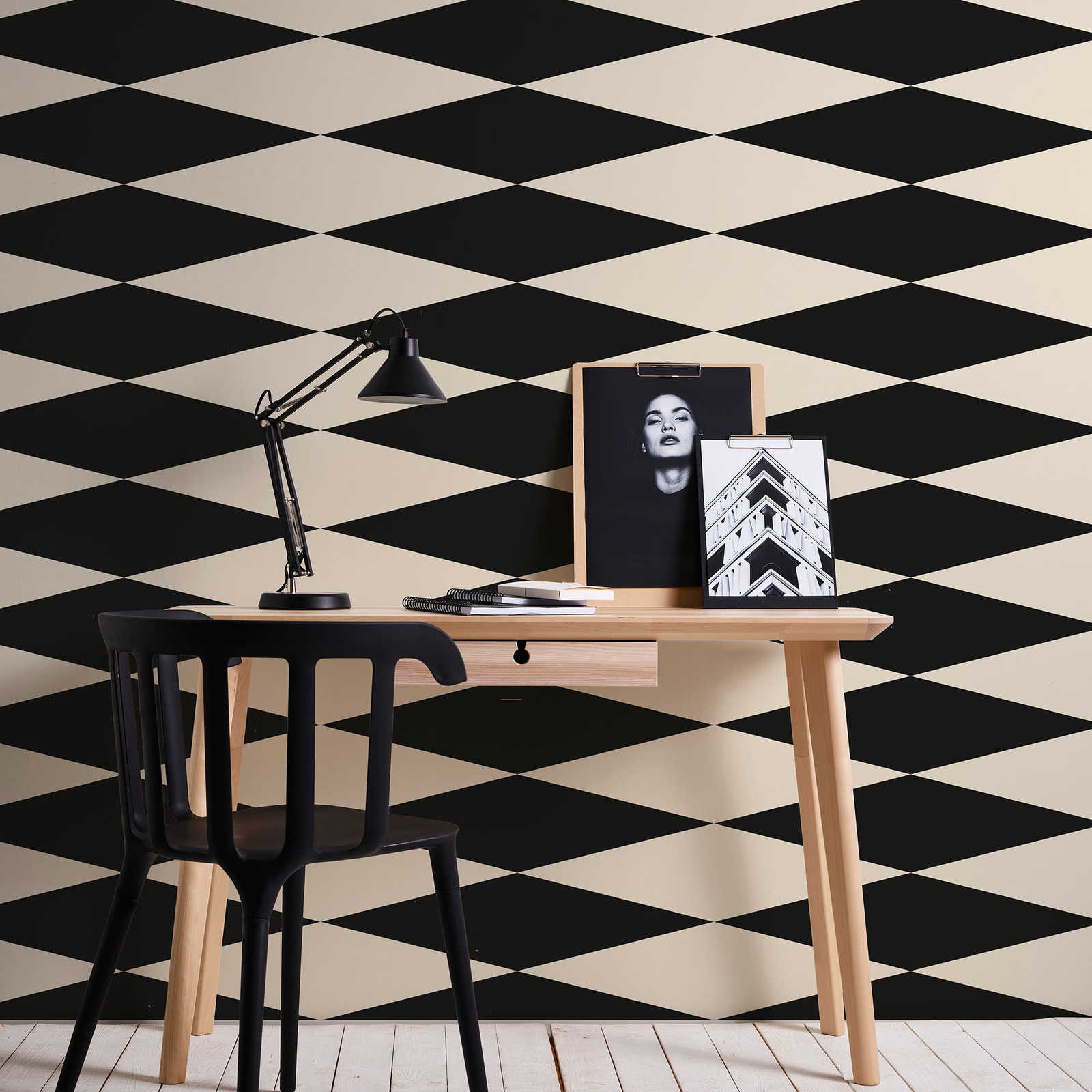         Graphic wallpaper with diamonds in 70s look - Black, Cream | Premium smooth fleece
    