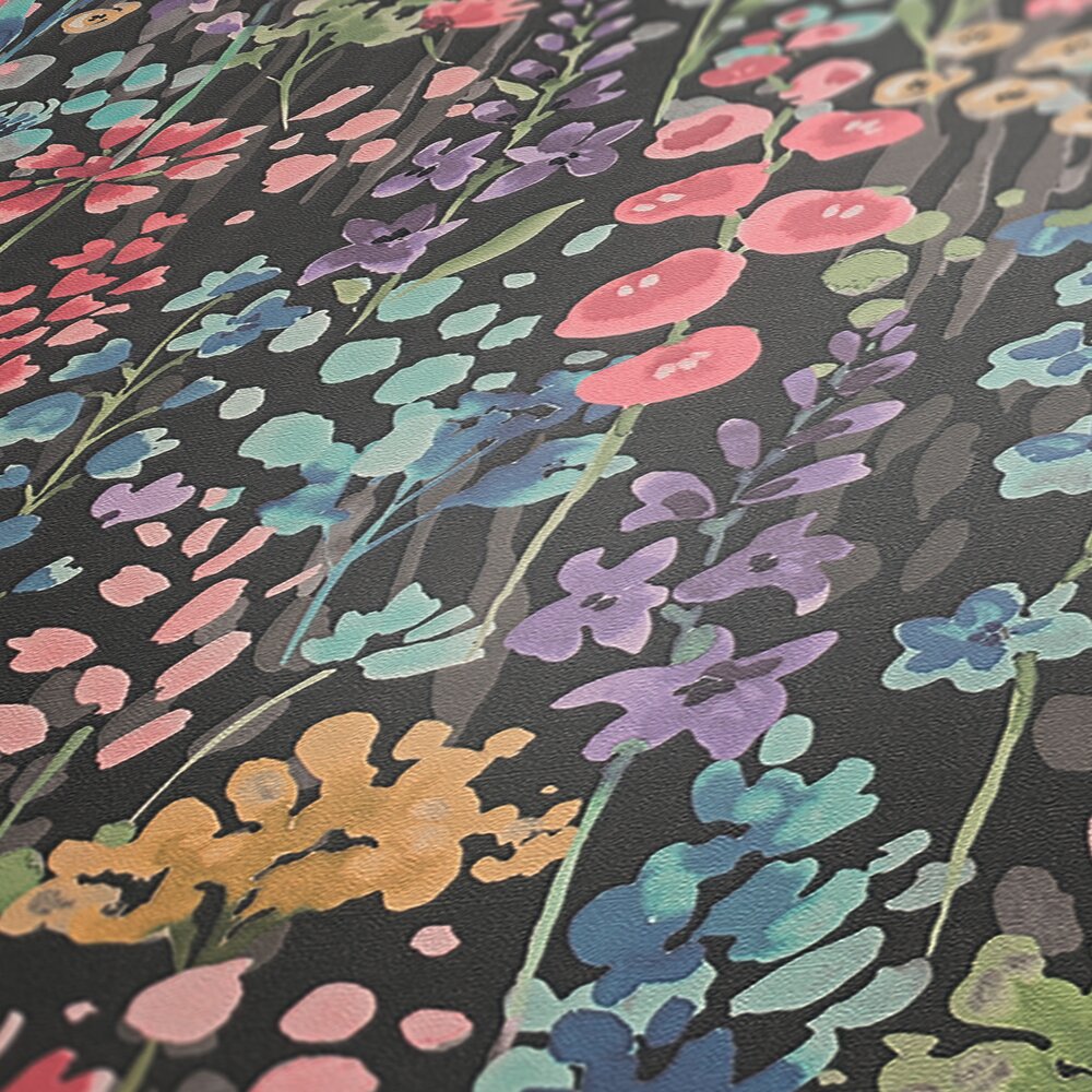             Non-woven wallpaper colourful flower meadow in watercolour look - colourful, black, pink
        