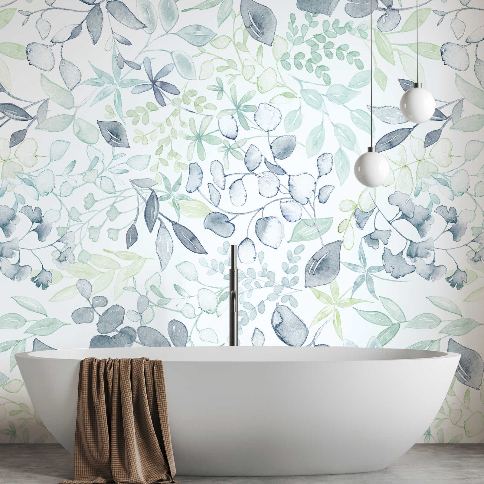         Papel pintado motivo XXL con motivos florales en acuarela - azul, verde, blanco
    