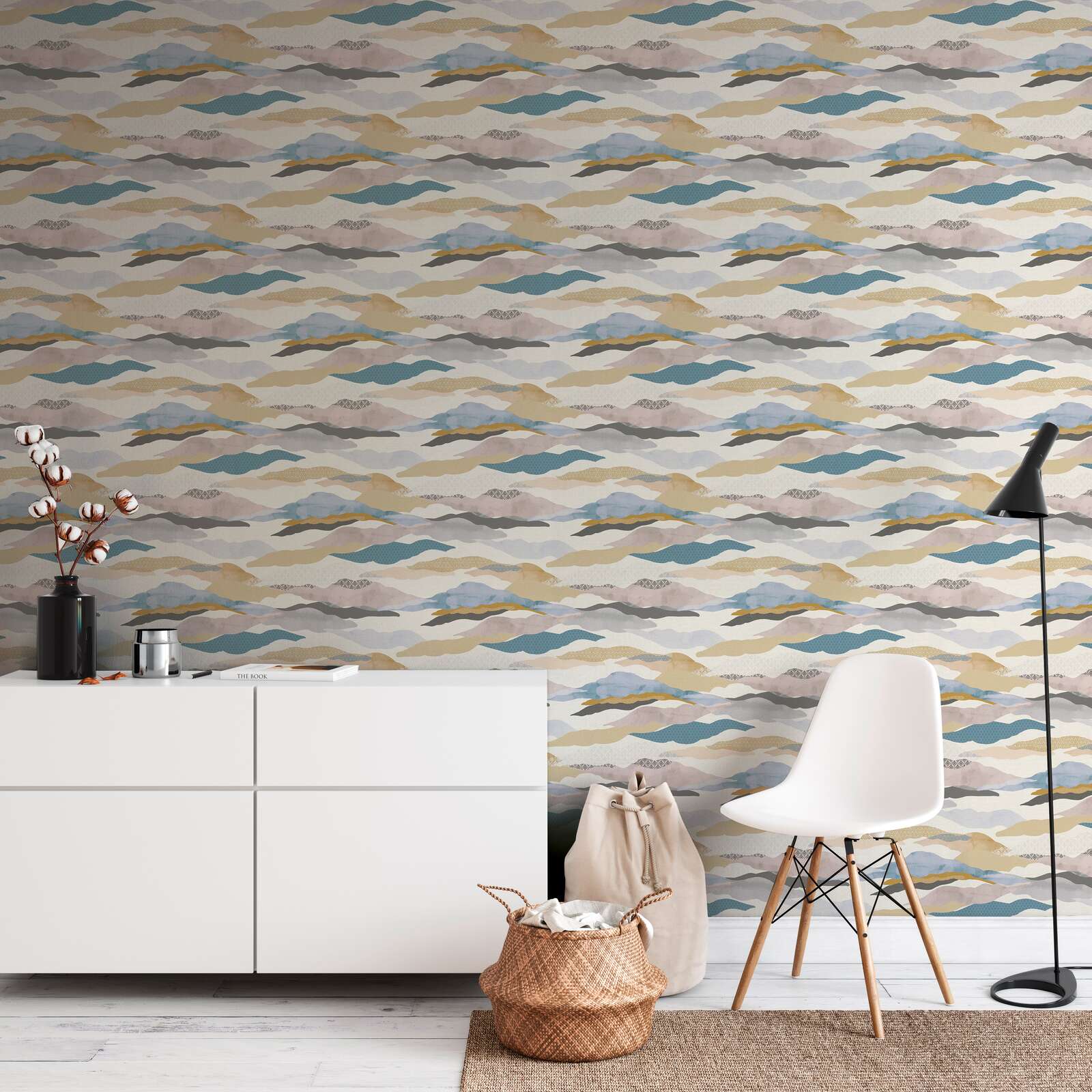             Non-woven wallpaper with graphic wave and cloud pattern - blue, pink, beige
        