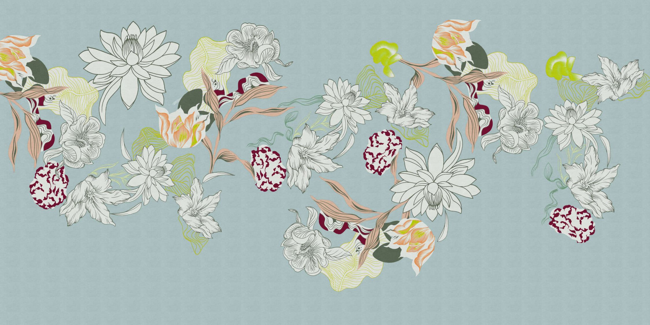             Digital behang »botany 2« - Abstracte bloemmotieven met groene accenten tegen een subtiele linnen textuur - Matte, gladde vliesstof
        