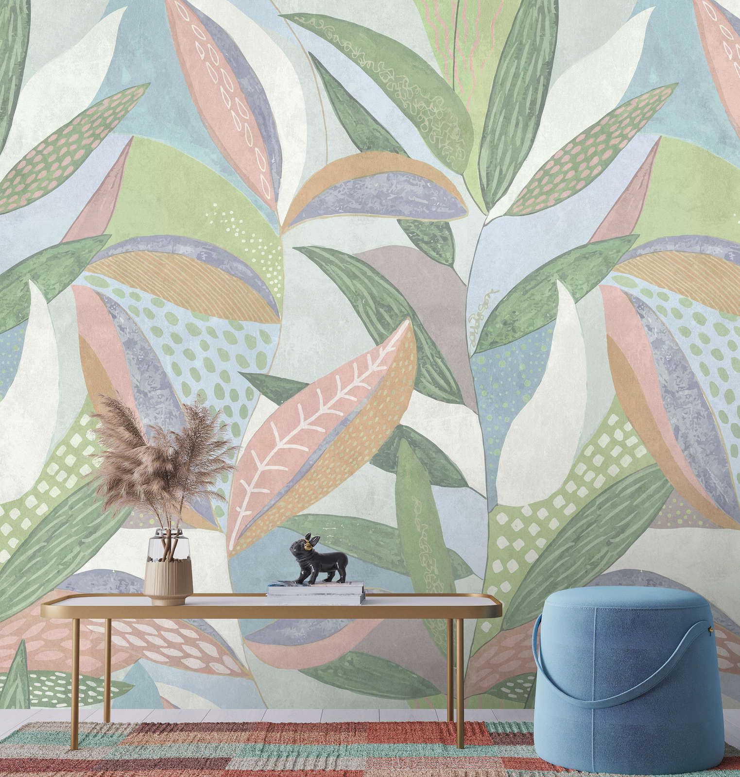             Photo wallpaper »emilia« - Colourful pastel leaf pattern in front of concrete plaster structure - green, blue, pink | matt, smooth non-woven
        
